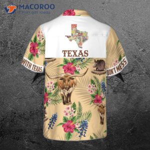 Insignia Bluebonnet Texas Hawaiian Shirt, White Back Cream Version, “don’t Mess With Texas” Armadillo And Longhorn, Home Shirt For