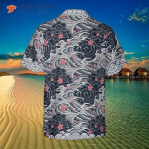 Japanese Red Flower Wave Hawaiian Shirt, Black And White Cherry Blossom Abstract Floral Print Shirt