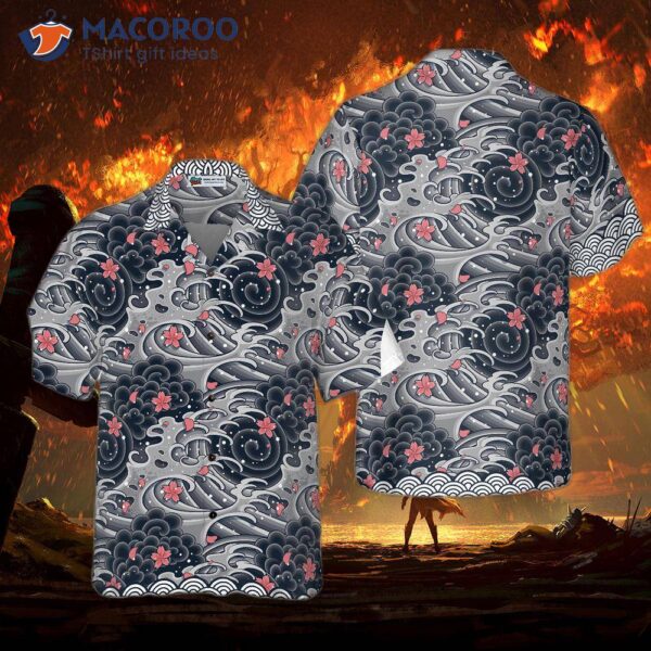 Japanese Red Flower Wave Hawaiian Shirt, Black And White Cherry Blossom Abstract Floral Print Shirt