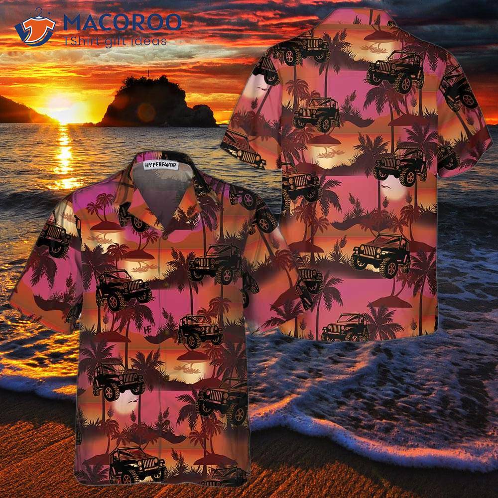 Jeep Tropical Sunset Pattern Hawaiian Shirt, Retro Vibe Beach Shirt For