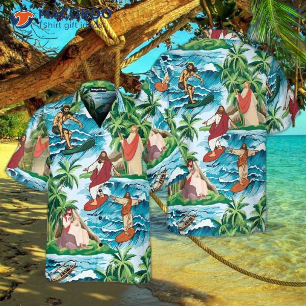 Jesus Is Surfing In Tropical Hawaiian Shirts.