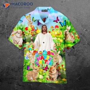 jesus the happy easter rabbit is chilling in flower landscape art style hawaiian shirts 0