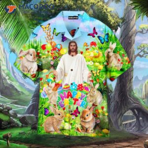 jesus the happy easter rabbit is chilling in flower landscape art style hawaiian shirts 1