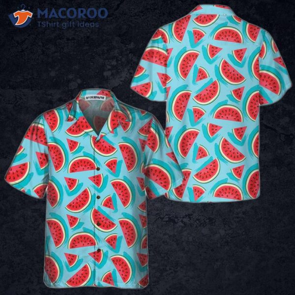 Juicy Watermelon Seamless Pattern Hawaiian Shirt, Blue Print Shirt For &