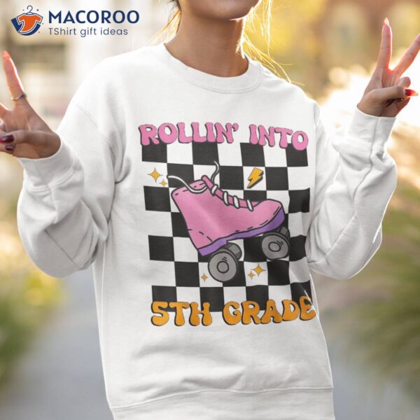 Kids Rolling Into 5th Grade Groovy Pink Skate Back To School Shirt