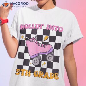 Kids Rolling Into 5th Grade Groovy Pink Skate Back To School Shirt