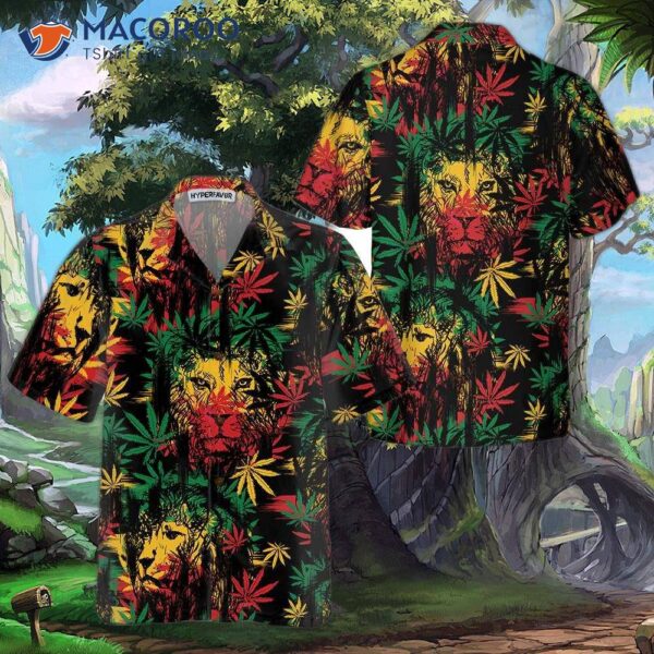 Lion Head With Cannabis Marijuana Leaves Hawaiian Shirt, Button-up Shirt For And , Cool Gift Lover