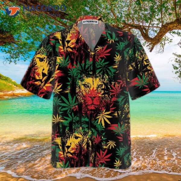 Lion Head With Cannabis Marijuana Leaves Hawaiian Shirt, Button-up Shirt For And , Cool Gift Lover