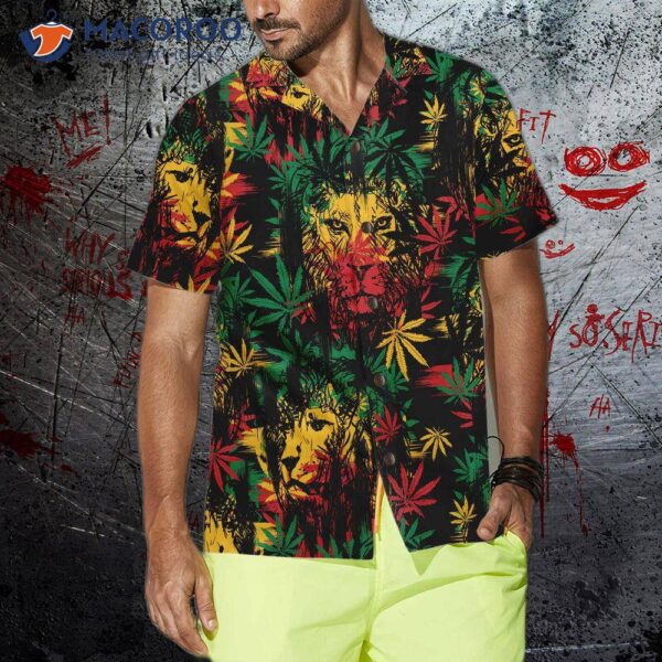 Lion Head With Cannabis Marijuana Leaves Hawaiian Shirt, Button-up Shirt For And , Cool Gift Lover