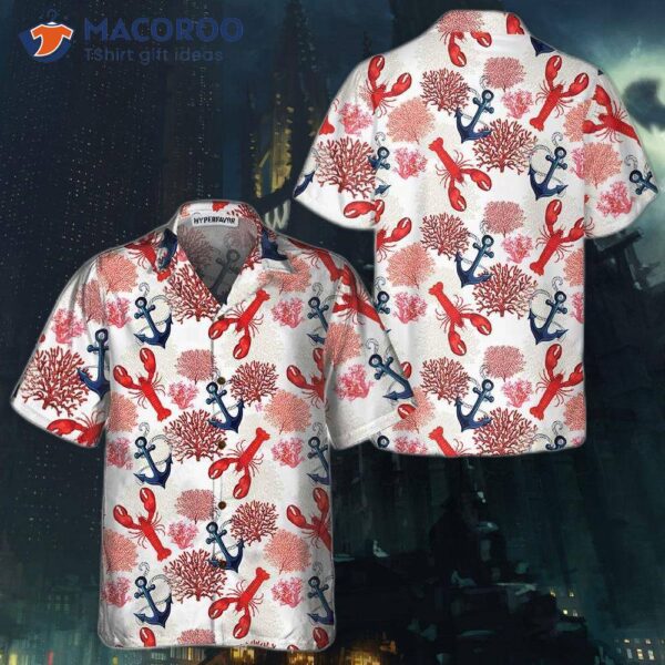Lobster And Marine Pattern Hawaiian Shirt, Unique Print Shirt For Adults