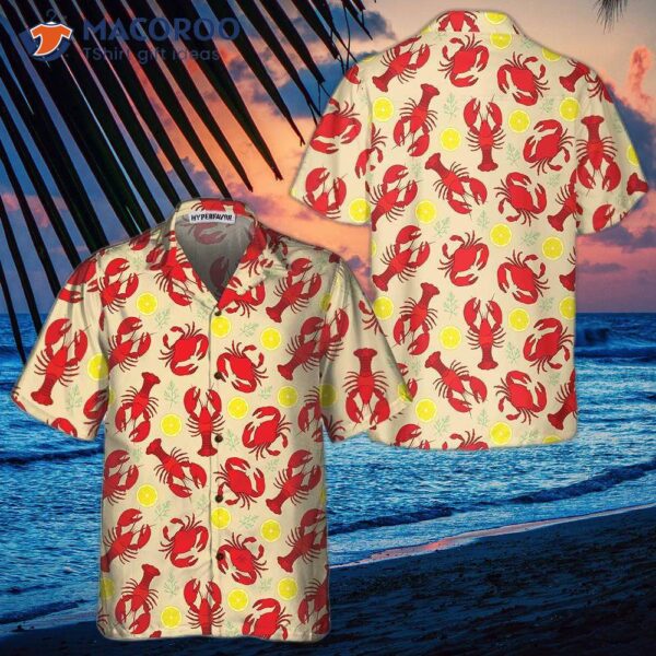 Lobster, Crab, And Lemon Pattern Hawaiian Shirt; Unique Lobster Print Shirt For Adults