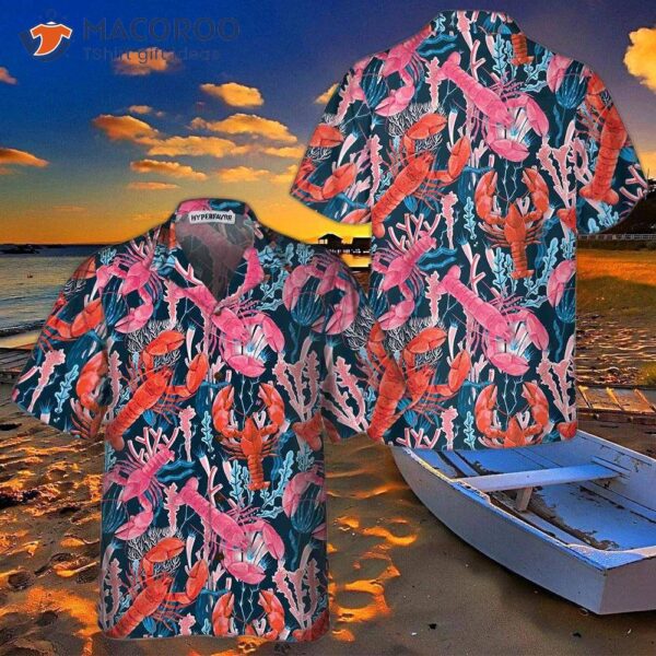 Lobster With Seaweed Pattern Hawaiian Shirt; Funny Shirt For Adults; Print