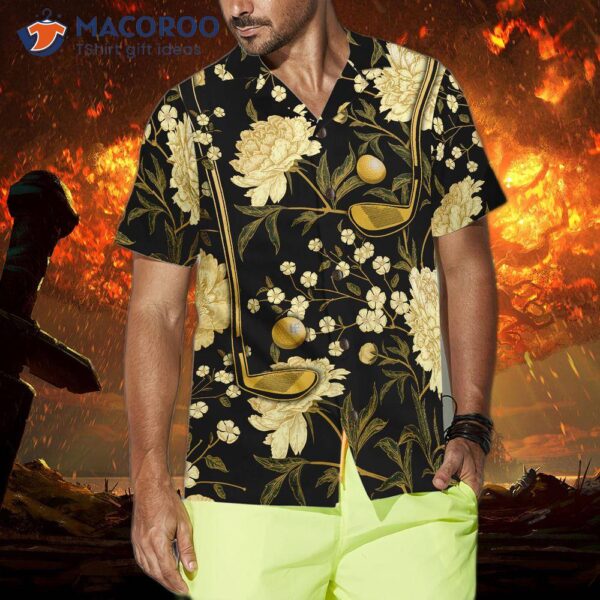 Luxury Black And Gold Floral Golf Club Ball Hawaiian Shirt