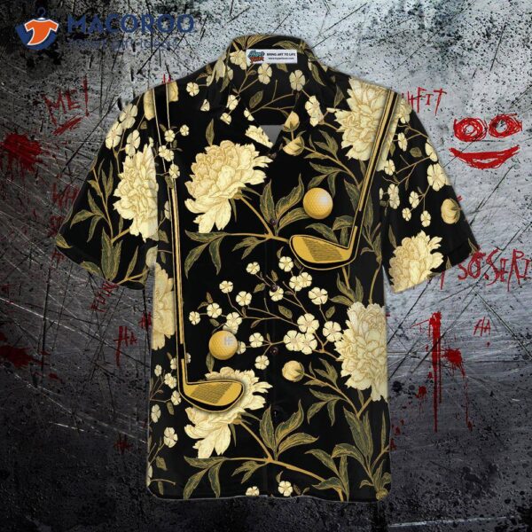 Luxury Black And Gold Floral Golf Club Ball Hawaiian Shirt