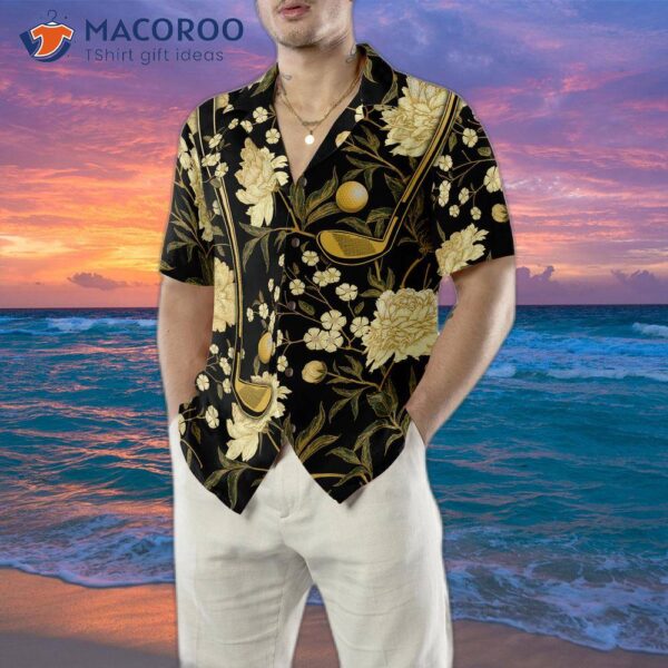 Luxury Black And Gold Floral Golf Club Ball Hawaiian Shirt