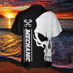 mechanic proud skull black and white hawaiian shirt 1