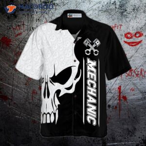 mechanic proud skull black and white hawaiian shirt 2