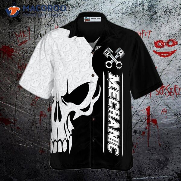 Mechanic Proud Skull Black And White Hawaiian Shirt