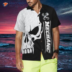 mechanic proud skull black and white hawaiian shirt 3