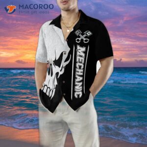 mechanic proud skull black and white hawaiian shirt 4