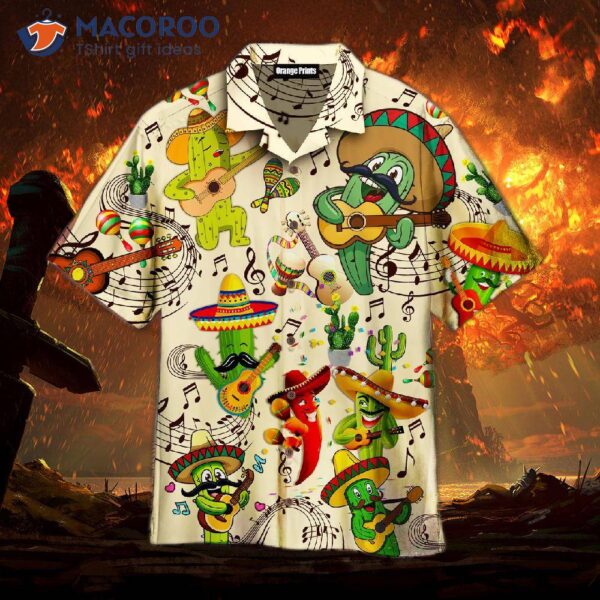 Men’s Authentic Vintage Hawaiian Shirts From Mexico With Cactus Guitar Design