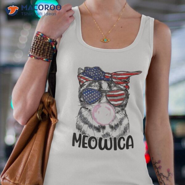 Meowica Cute Cat Sunglasses American Flag Funny 4th Of July Shirt