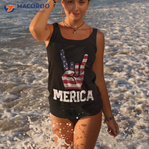 Merica Rock Sign 4th Of July Vintage American Flag Retro Usa Shirt