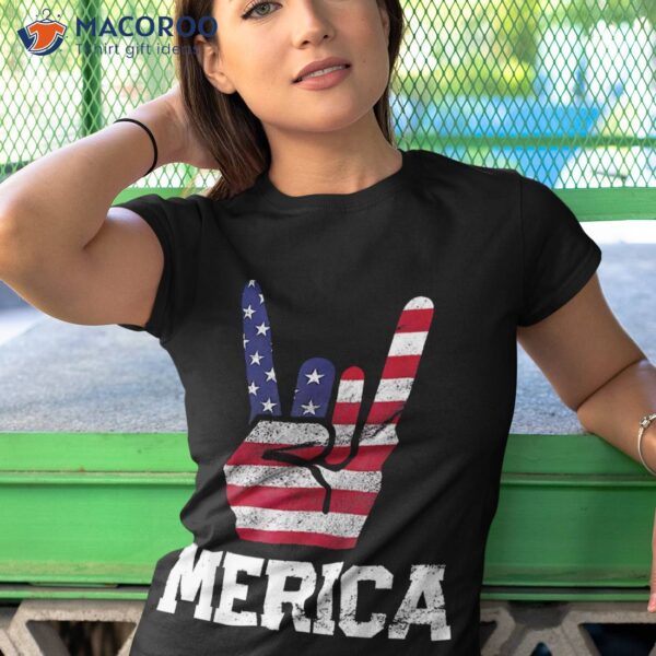 Merica Rock Sign 4th Of July Vintage American Flag Retro Usa Shirt