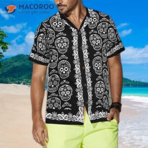 mexican sugar skull on a black hawaiian shirt 2