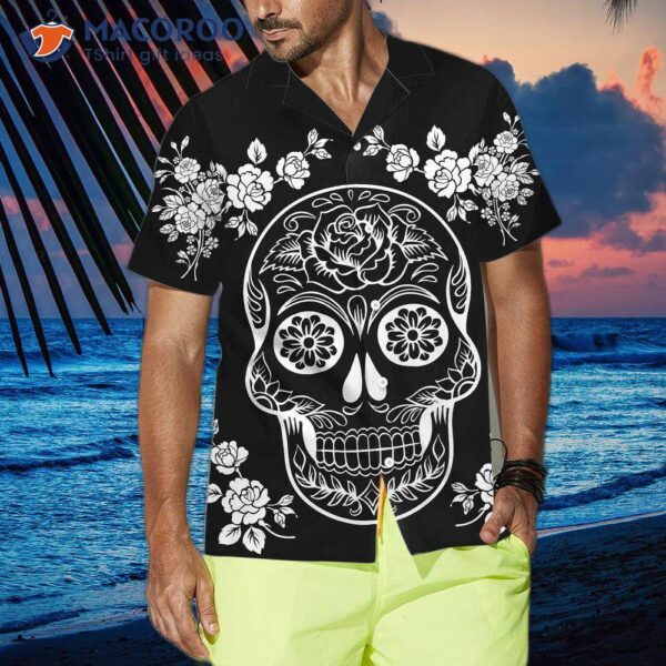 Mexican Sugar Skull Tattoo Hawaiian Shirt, Black And White Day Of The Dead Skull, Unique Gift