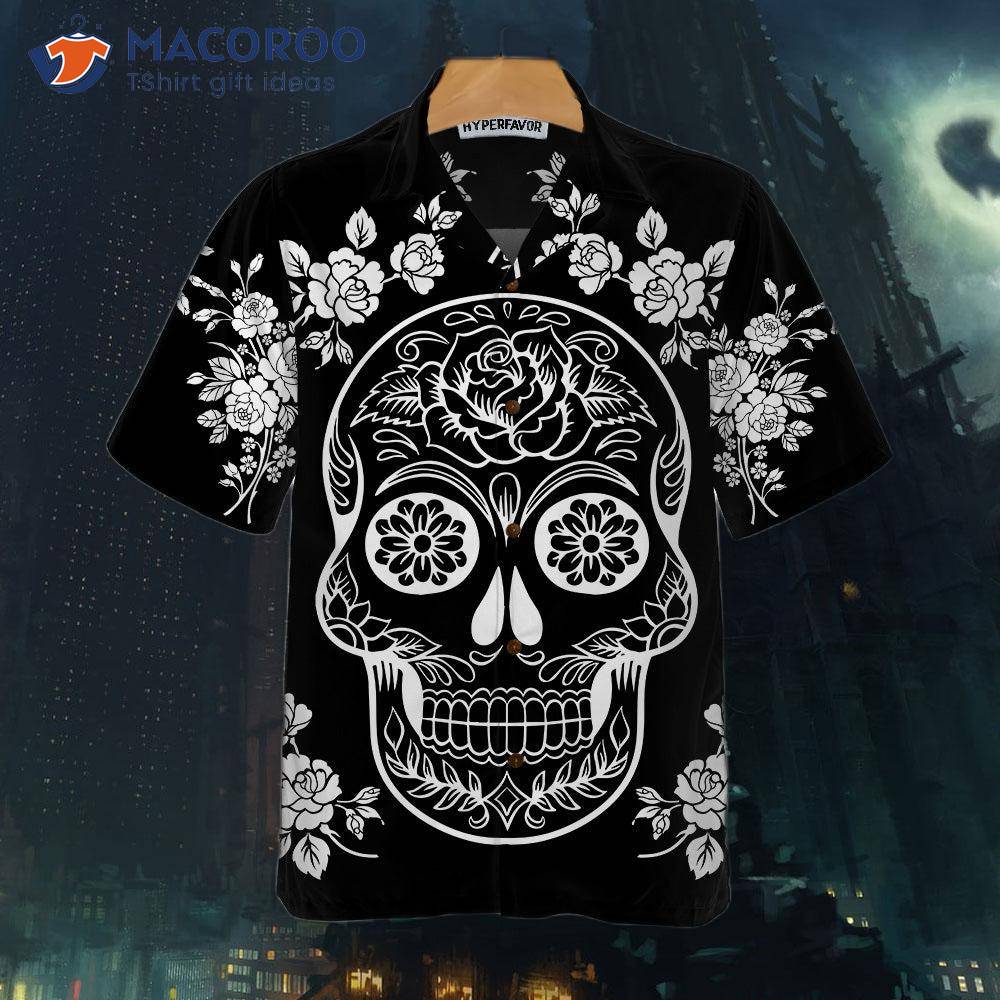 Day Of The Dead Gothic Sugar Skull Roses Halloween Pattern Black And White Hawaiian  Shirts