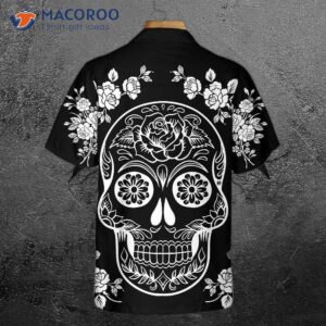 mexican sugar skull tattoo hawaiian shirt black and white day of the dead skull unique gift 2