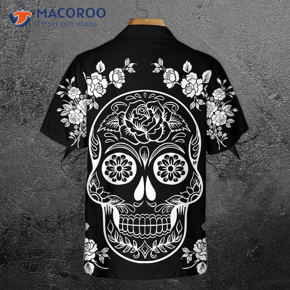 Day Of The Dead Gothic Sugar Skull Roses Halloween Pattern Black And White Hawaiian  Shirts