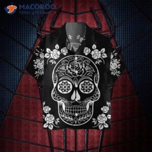 mexican sugar skull tattoo hawaiian shirt black and white day of the dead skull unique gift 3