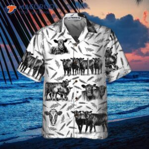 Monochrome Black Angus And Wheat Pattern Cow Hawaiian Shirt, Funny Shirt With Cows