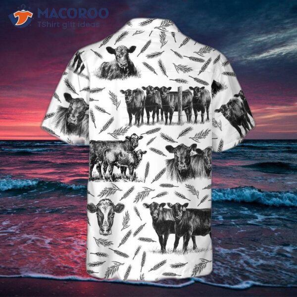 Monochrome Black Angus And Wheat Pattern Cow Hawaiian Shirt, Funny Shirt With Cows