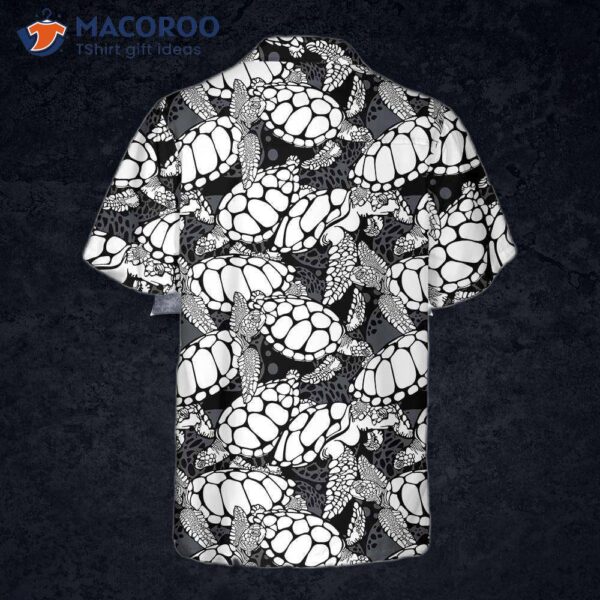 Monogrammed Sea Turtle Pattern Hawaiian Shirt, Black And White Seamless Cool Shirt