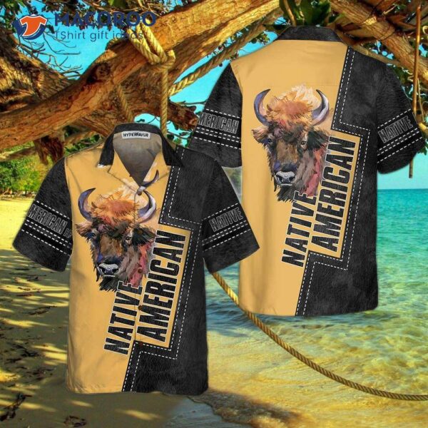 Native American Forest Bison Hawaiian Shirt, Black And Yellow Indian Shirt