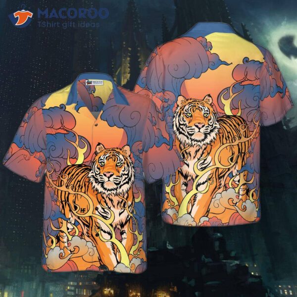 Oriental-powerful-tiger Hawaiian Shirt, Dawn-sun-and-cloud Tiger Print Shirt For