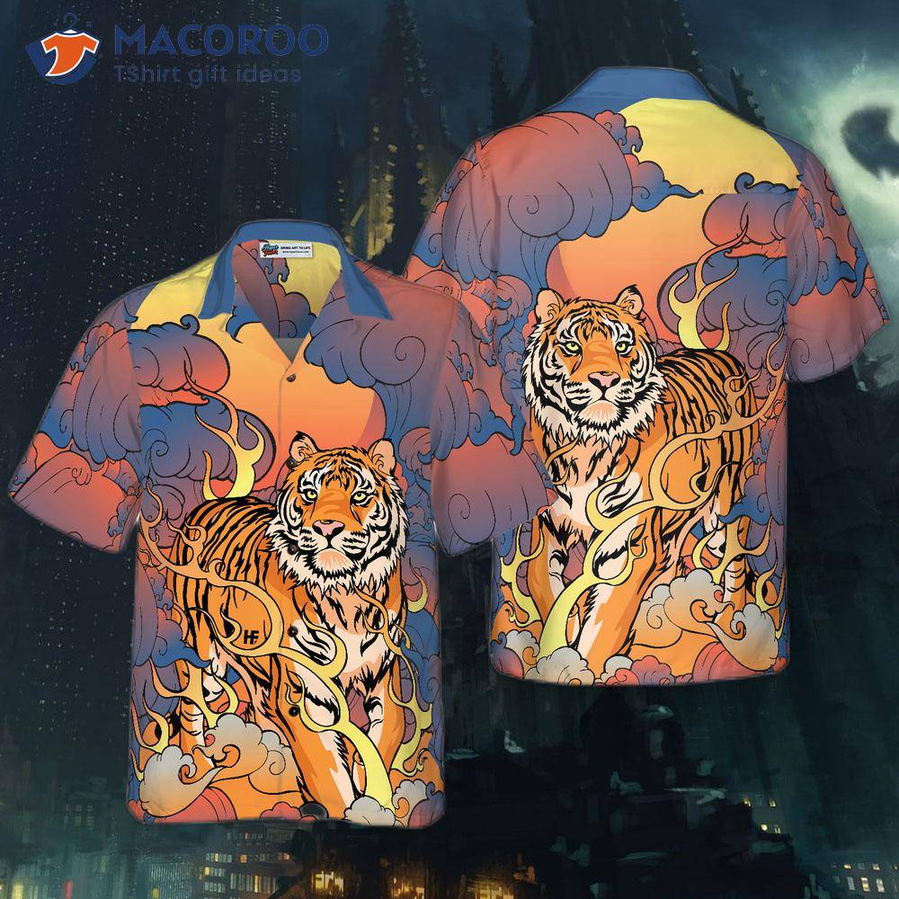 Oriental-powerful-tiger Hawaiian Shirt, Dawn-sun-and-cloud Tiger Print Shirt  For