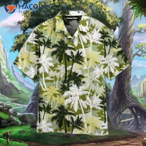 Palm Tree Silhouettes On Camouflage Patterned White And Gray Hawaiian Shirts