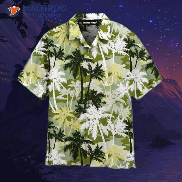 Palm Tree Silhouettes On Camouflage Patterned White And Gray Hawaiian Shirts