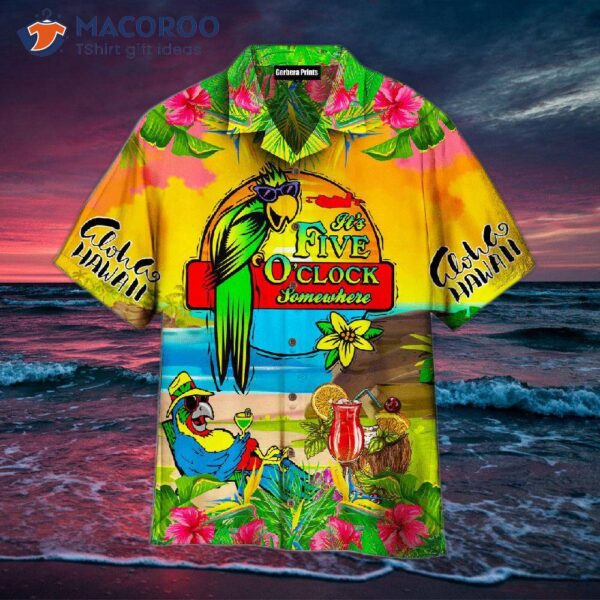 Parrot, Tropical Flower, It’s Five O’clock Somewhere, Yellow Hawaiian Shirts.