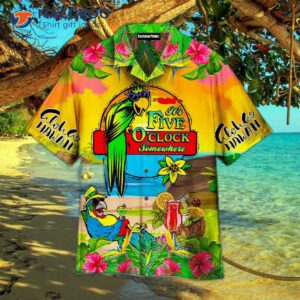 Parrot, Tropical Flower, It’s Five O’clock Somewhere, Yellow Hawaiian Shirts.