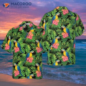 parrots hibiscus and palm leaves hawaiian shirt 0