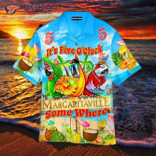 Parrots, It’s 5 O’clock Somewhere In Margaritaville With Tropical Hawaiian Shirts.