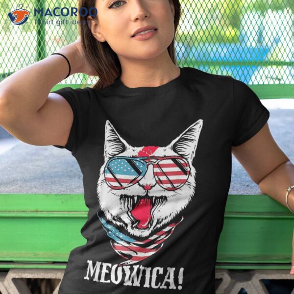 Patriotic Cat 4th Of July Kids American Flag Girls Meowica Shirt