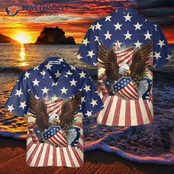 Patriotic Eagle Defending Honor And America Hawaiian Shirt, American Flag Button-down Shirt