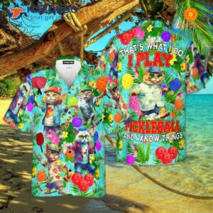 pickleball cats playing in tropical hawaiian shirts 1