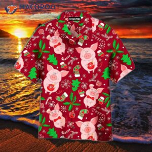 pig merry pigmas christmas pattern red and pink hawaiian shirts 0